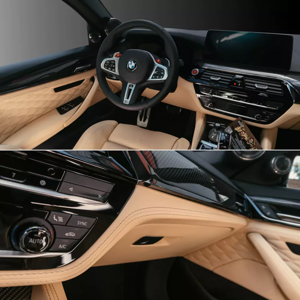 Полный пошив салона BMW M5 Competition в кожу и доработка сабвуфера в ранее построенной акустической системе